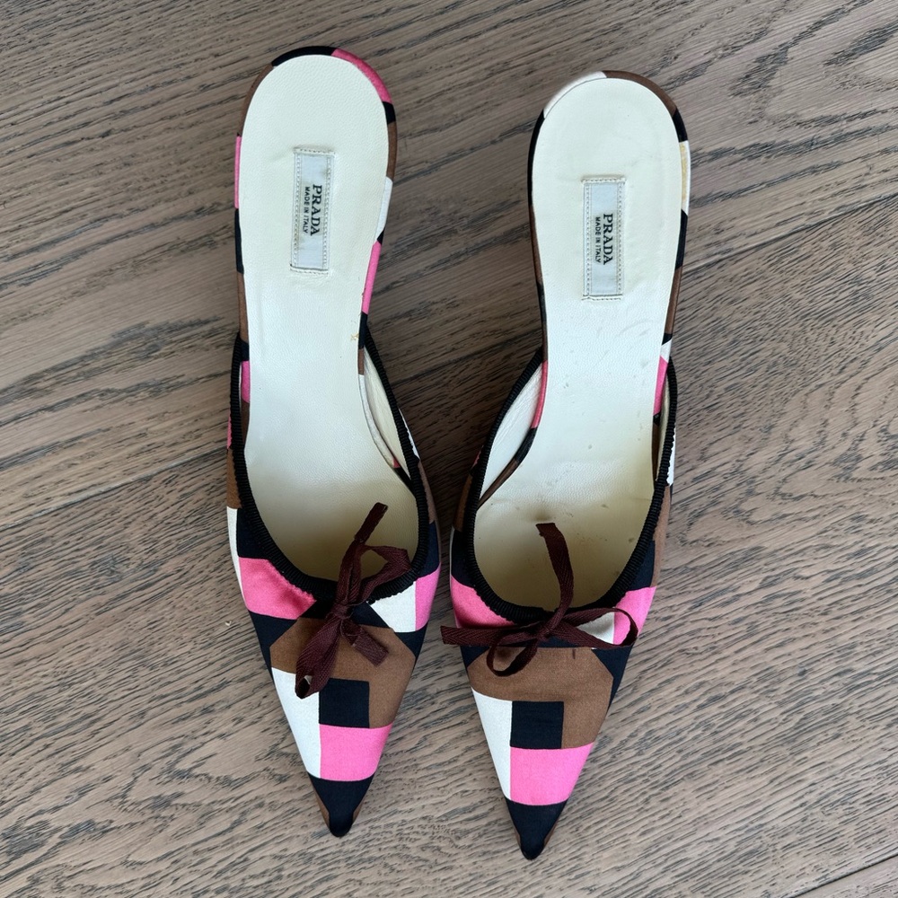 Prada Women's Pink and Brown Patterned kitten heel Mules with bow